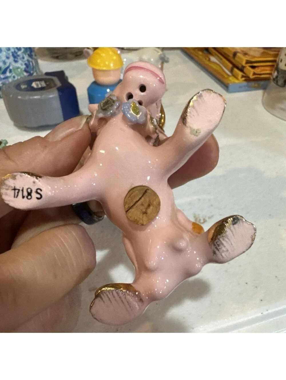 1950s pink and gold ceramic cow and bull salt and pepper shakers